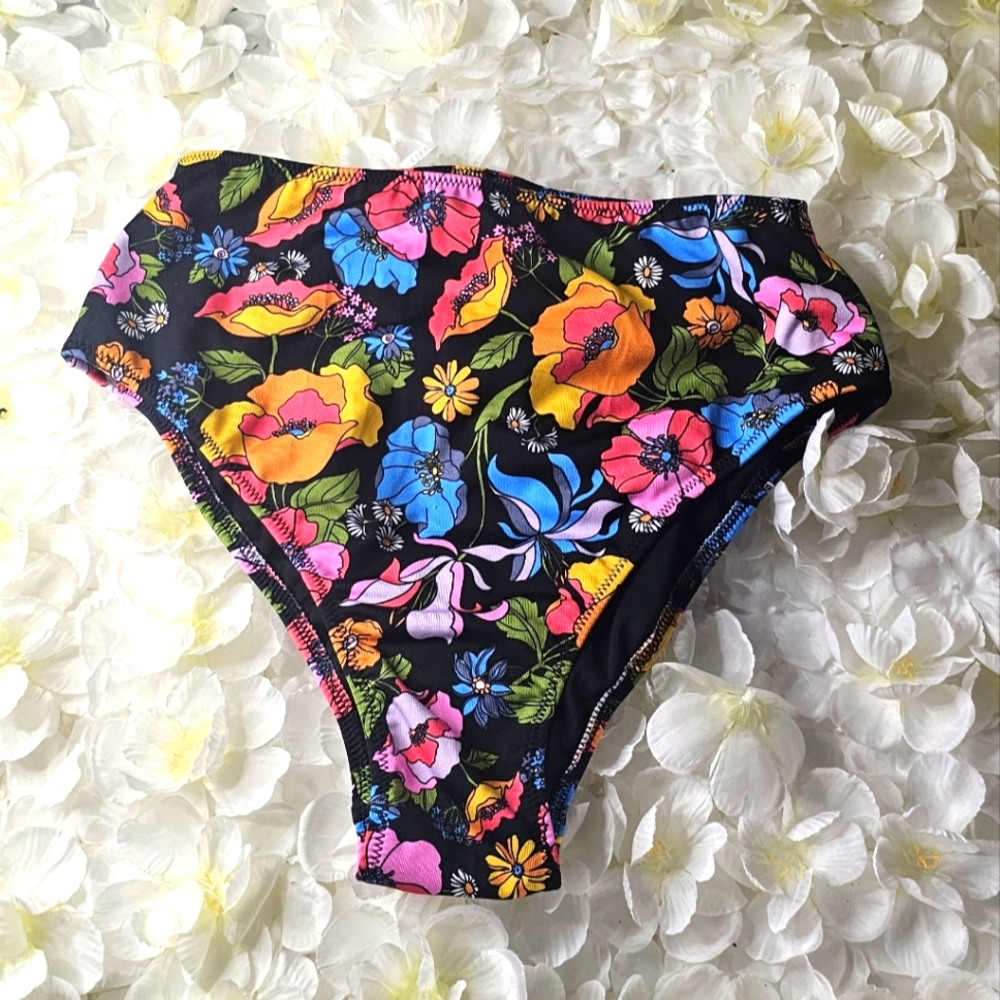 Victorias Secret PINK ACTIVE Bikini High Waist Mini Black Floral Swimsuit SMALL